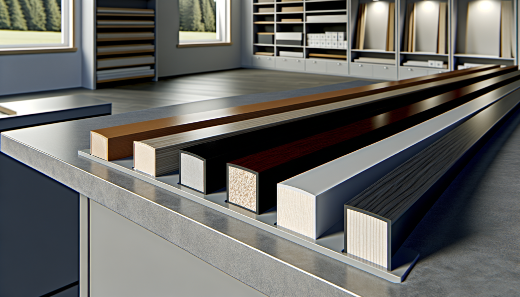 Confronto ravvicinato tra diversi battiscopa effetto legno in showroom, con sezioni visibili di massello, impiallacciato e superfici decorative